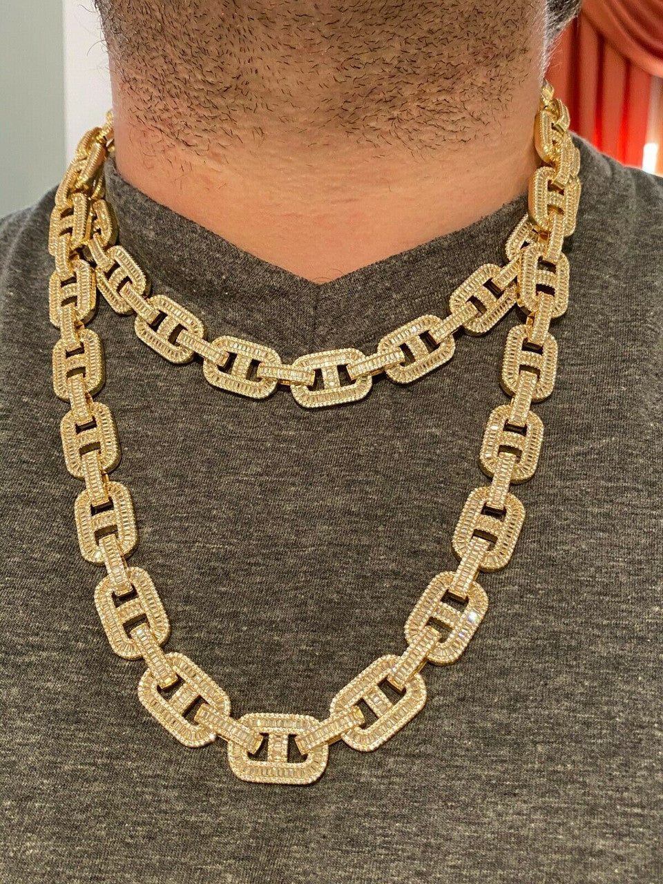 HarlemBling Mens 14k Gold Over Solid 925 Sterling Silver Baguette Gucci Link Chain Iced 15mm