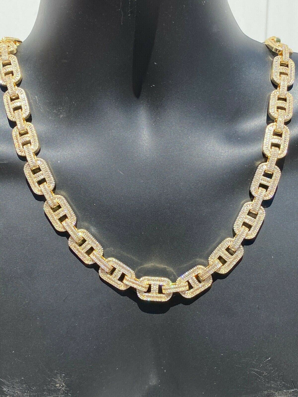 HarlemBling Mens 14k Gold Over Solid 925 Sterling Silver Baguette Gucci Link Chain Iced 15mm