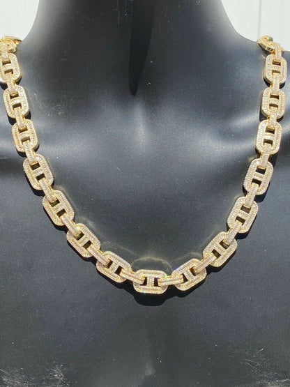 HarlemBling Mens 14k Gold Over Solid 925 Sterling Silver Baguette Gucci Link Chain Iced 15mm