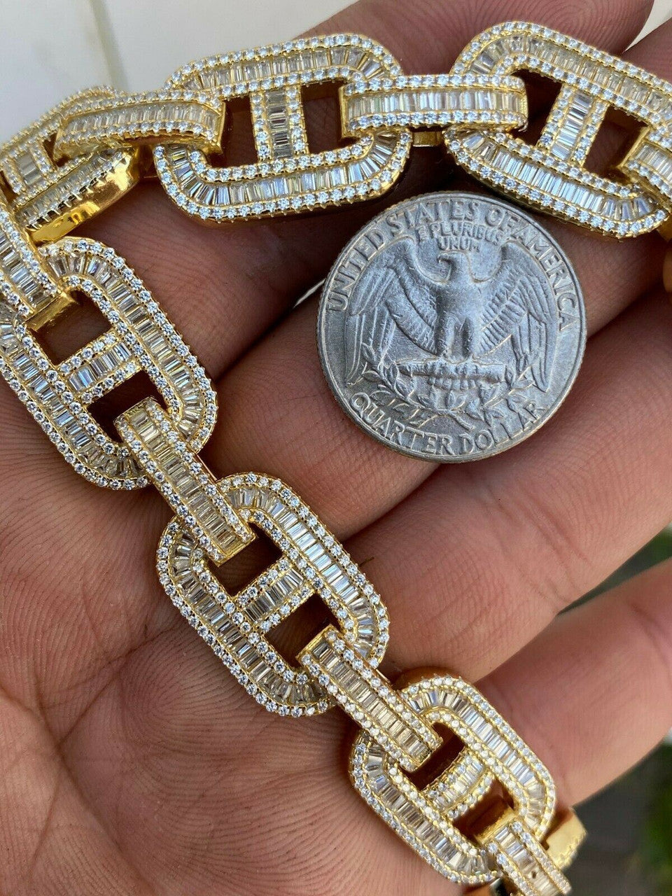 HarlemBling Mens 14k Gold Over Solid 925 Sterling Silver Baguette Gucci Link Chain Iced 15mm