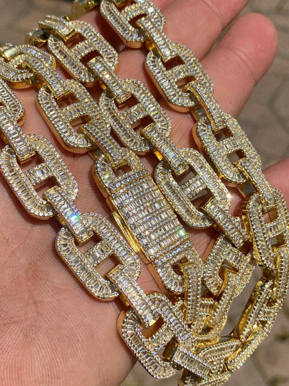 HarlemBling Mens 14k Gold Over Solid 925 Sterling Silver Baguette Gucci Link Chain Iced 15mm
