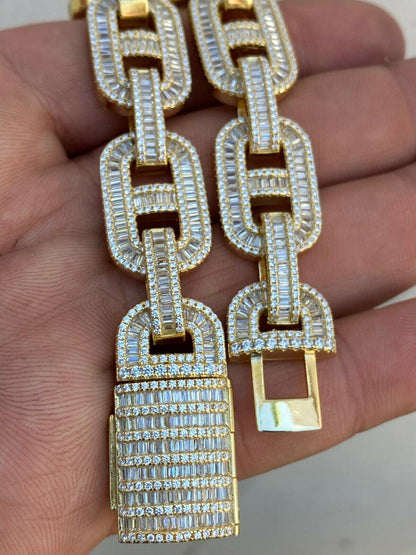 HarlemBling Mens 14k Gold Over Solid 925 Sterling Silver Baguette Gucci Link Chain Iced 15mm