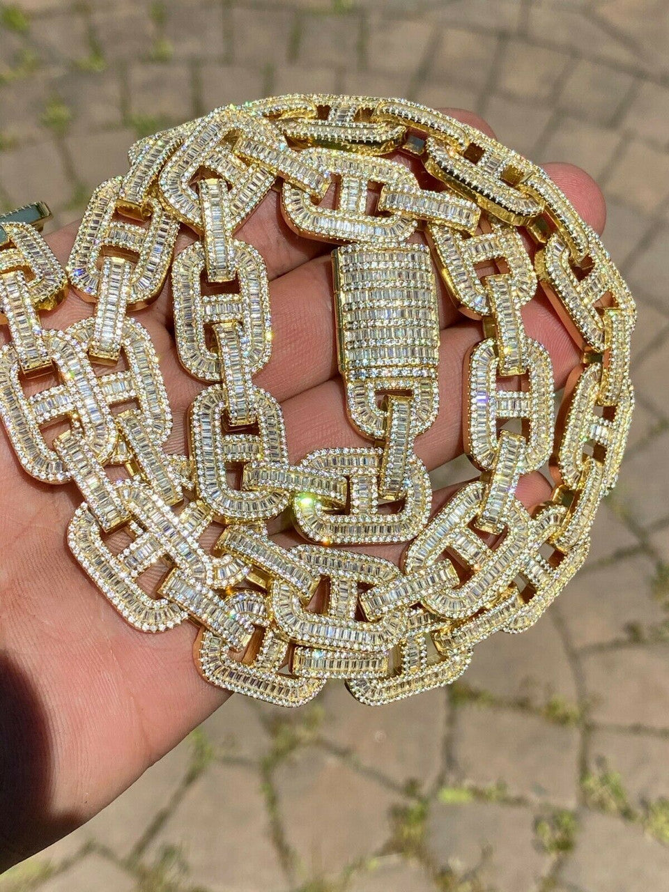 HarlemBling Mens 14k Gold Over Solid 925 Sterling Silver Baguette Gucci Link Chain Iced 15mm