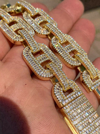 HarlemBling Mens 14k Gold Over Solid 925 Sterling Silver Baguette Gucci Link Chain Iced 15mm