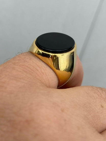 HarlemBling Mens 14k Gold Over Solid 925 Sterling Silver Black Onyx Signet Ring Sz 7-13