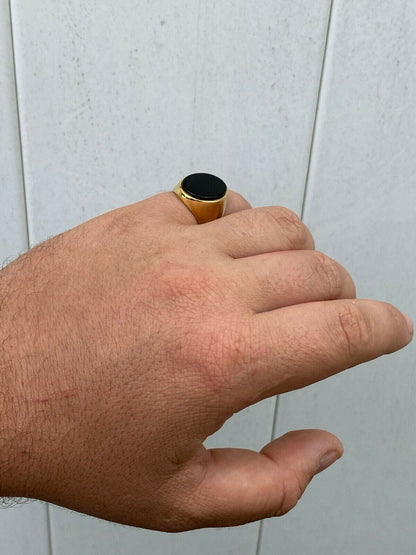 HarlemBling Mens 14k Gold Over Solid 925 Sterling Silver Black Onyx Signet Ring Sz 7-13