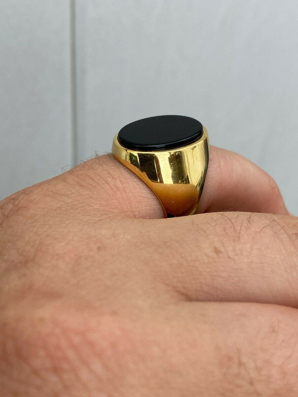 HarlemBling Mens 14k Gold Over Solid 925 Sterling Silver Black Onyx Signet Ring Sz 7-13