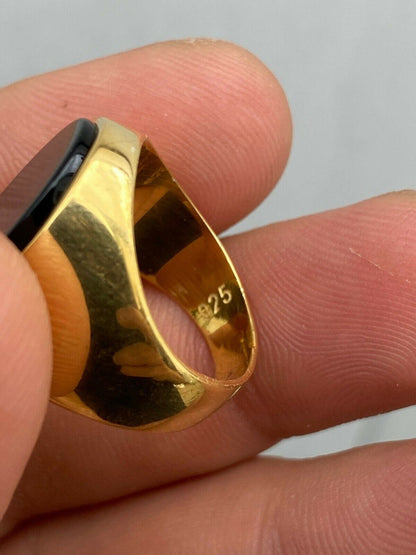 HarlemBling Mens 14k Gold Over Solid 925 Sterling Silver Black Onyx Signet Ring Sz 7-13