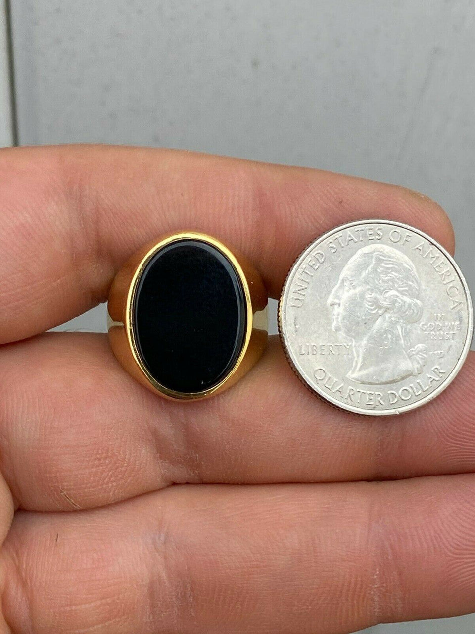 HarlemBling Mens 14k Gold Over Solid 925 Sterling Silver Black Onyx Signet Ring Sz 7-13