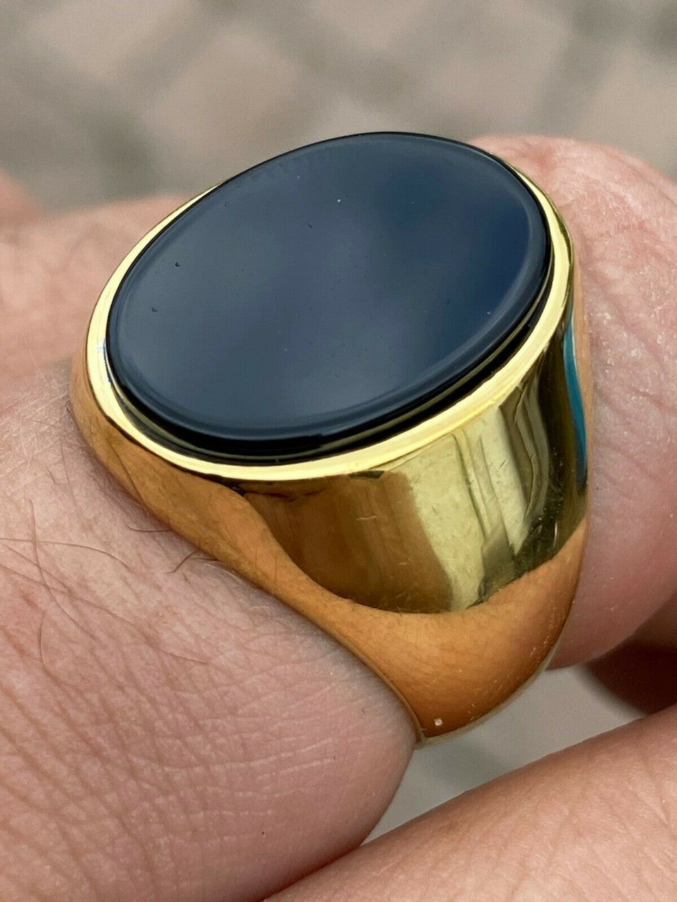 HarlemBling Mens 14k Gold Over Solid 925 Sterling Silver Black Onyx Signet Ring Sz 7-13