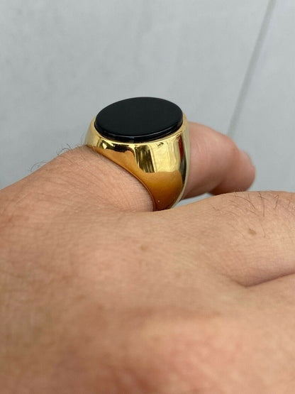 HarlemBling Mens 14k Gold Over Solid 925 Sterling Silver Black Onyx Signet Ring Sz 7-13