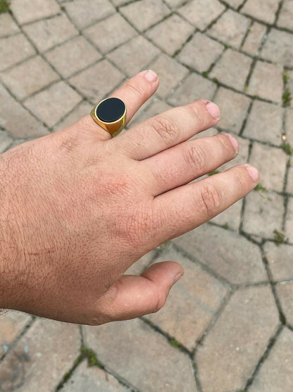 HarlemBling Mens 14k Gold Over Solid 925 Sterling Silver Black Onyx Signet Ring Sz 7-13