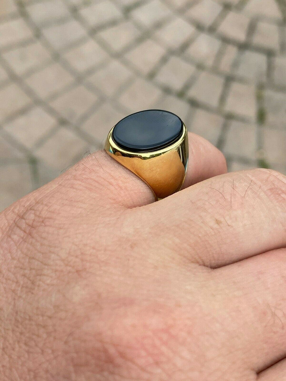 HarlemBling Mens 14k Gold Over Solid 925 Sterling Silver Black Onyx Signet Ring Sz 7-13