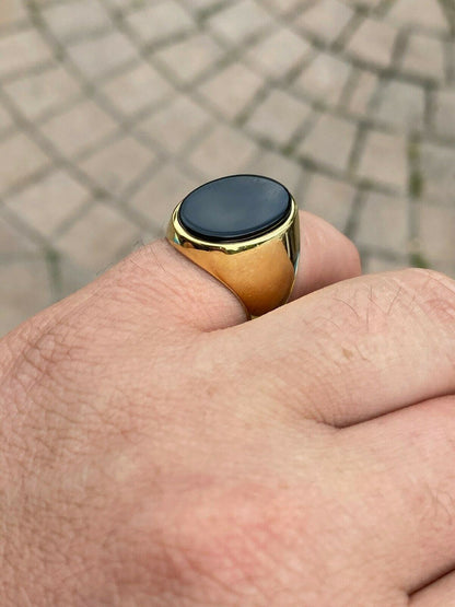 HarlemBling Mens 14k Gold Over Solid 925 Sterling Silver Black Onyx Signet Ring Sz 7-13