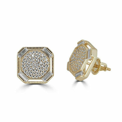 HarlemBling Mens 14k Gold Plated REAL 925 Silver 1/2 Large Baguette Stud Earrings Hip Hop