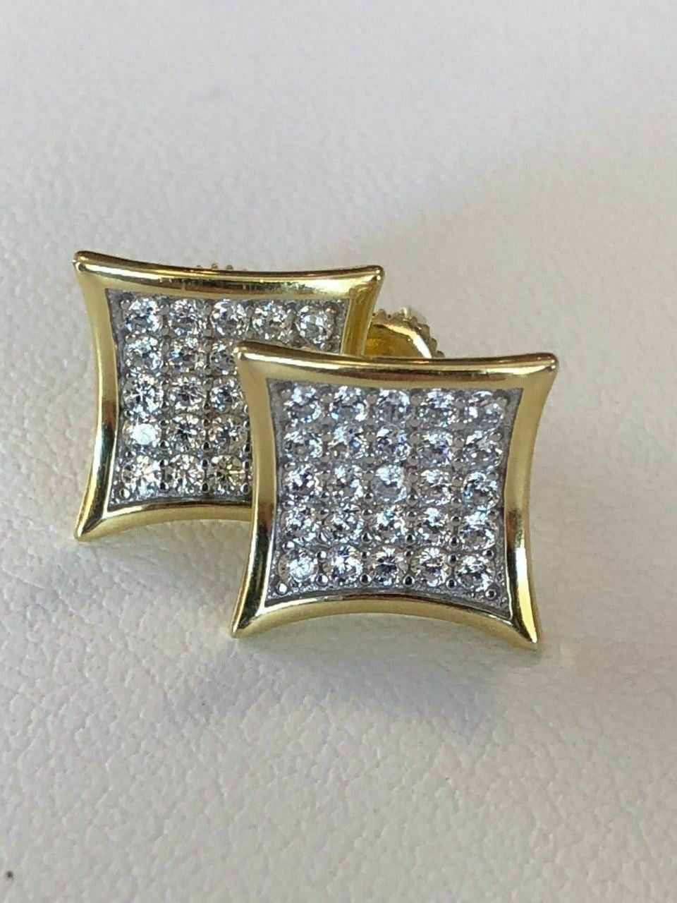 HarlemBling Mens 14k Gold Plated REAL 925 Silver 1/2 Square Diamonds Stud Earrings Hip Hop