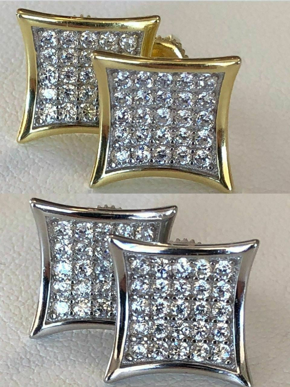 HarlemBling Mens 14k Gold Plated REAL 925 Silver 1/2 Square Diamonds Stud Earrings Hip Hop