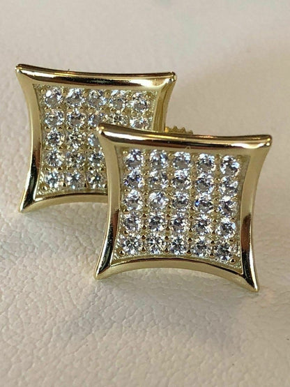 HarlemBling Mens 14k Gold Plated REAL 925 Silver 1/2 Square Diamonds Stud Earrings Hip Hop