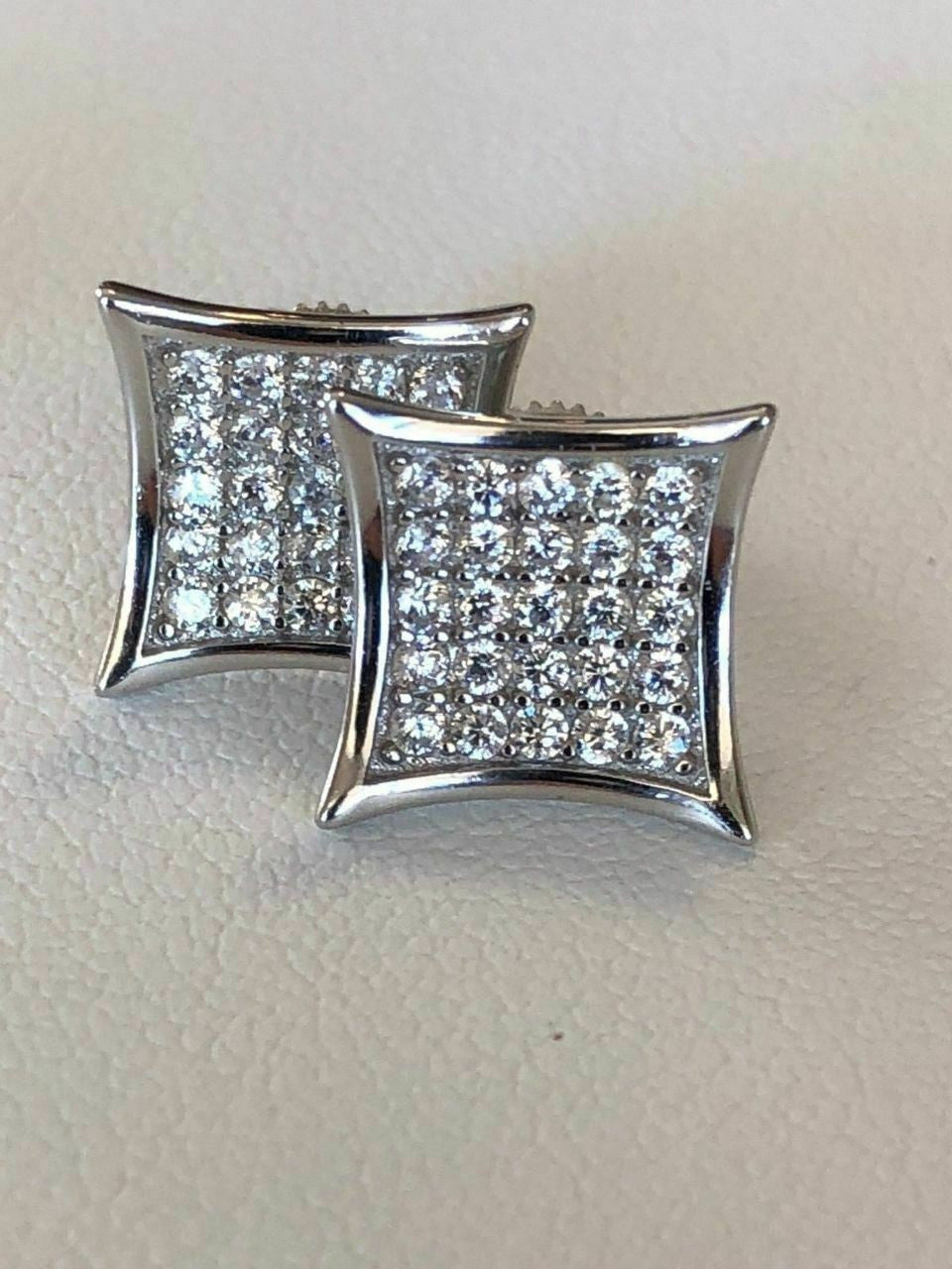 HarlemBling Mens 14k Gold Plated REAL 925 Silver 1/2 Square Diamonds Stud Earrings Hip Hop