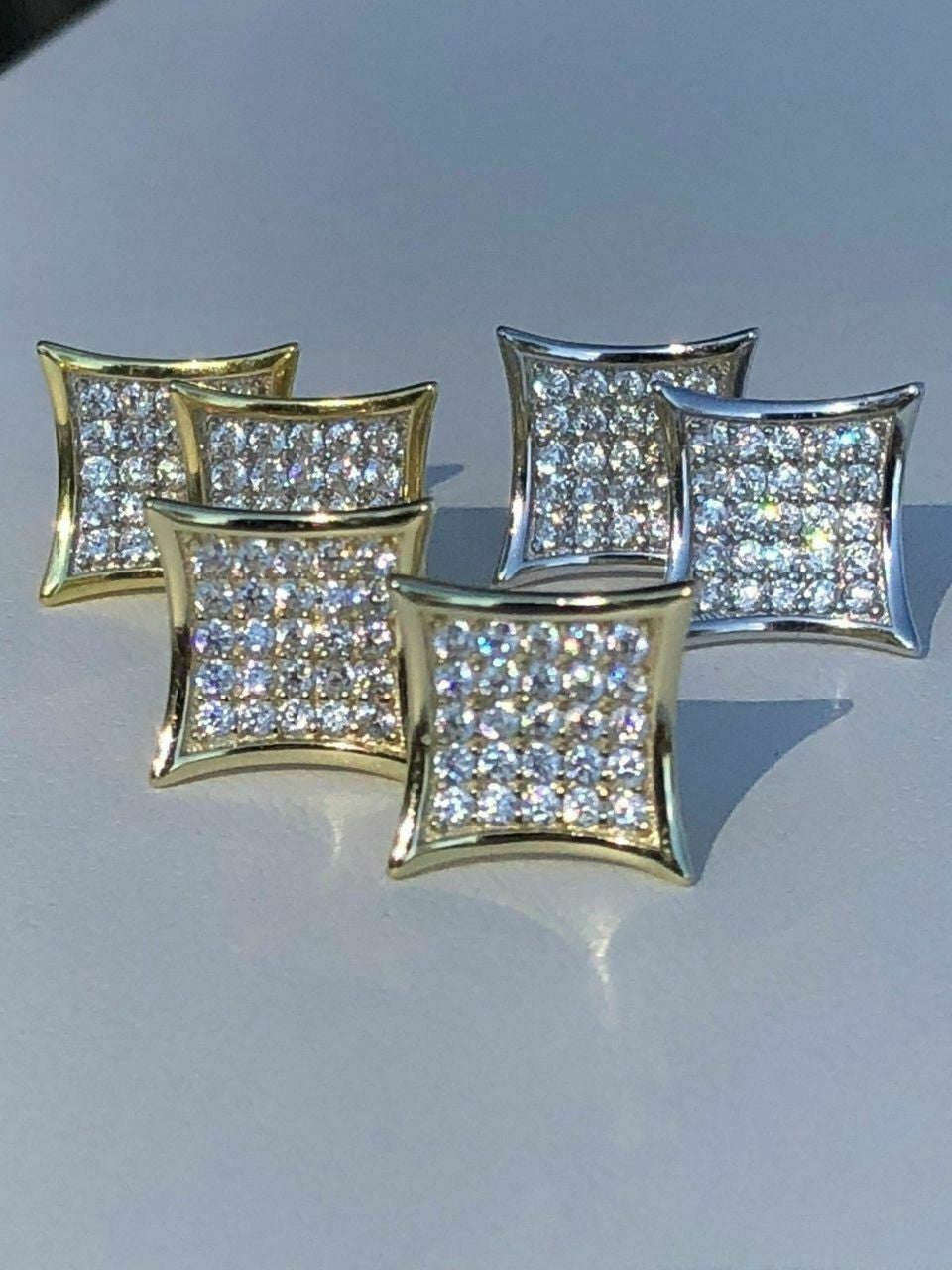 HarlemBling Mens 14k Gold Plated REAL 925 Silver 1/2 Square Diamonds Stud Earrings Hip Hop