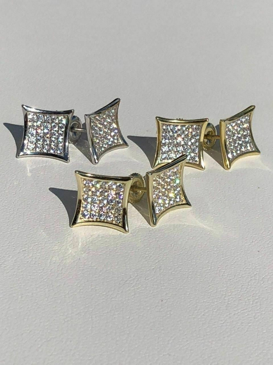 HarlemBling Mens 14k Gold Plated REAL 925 Silver 1/2 Square Diamonds Stud Earrings Hip Hop