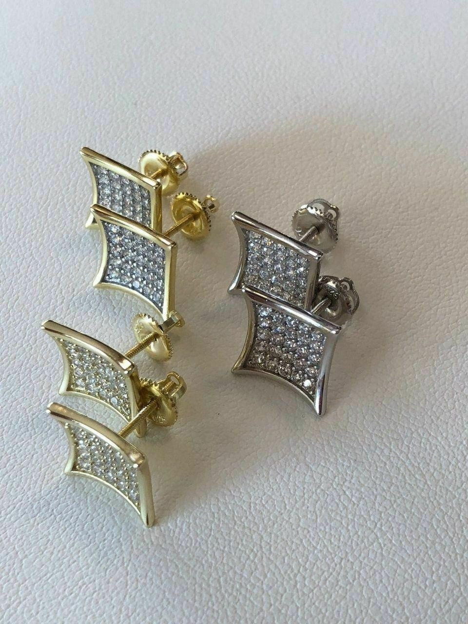 HarlemBling Mens 14k Gold Plated REAL 925 Silver 1/2 Square Diamonds Stud Earrings Hip Hop