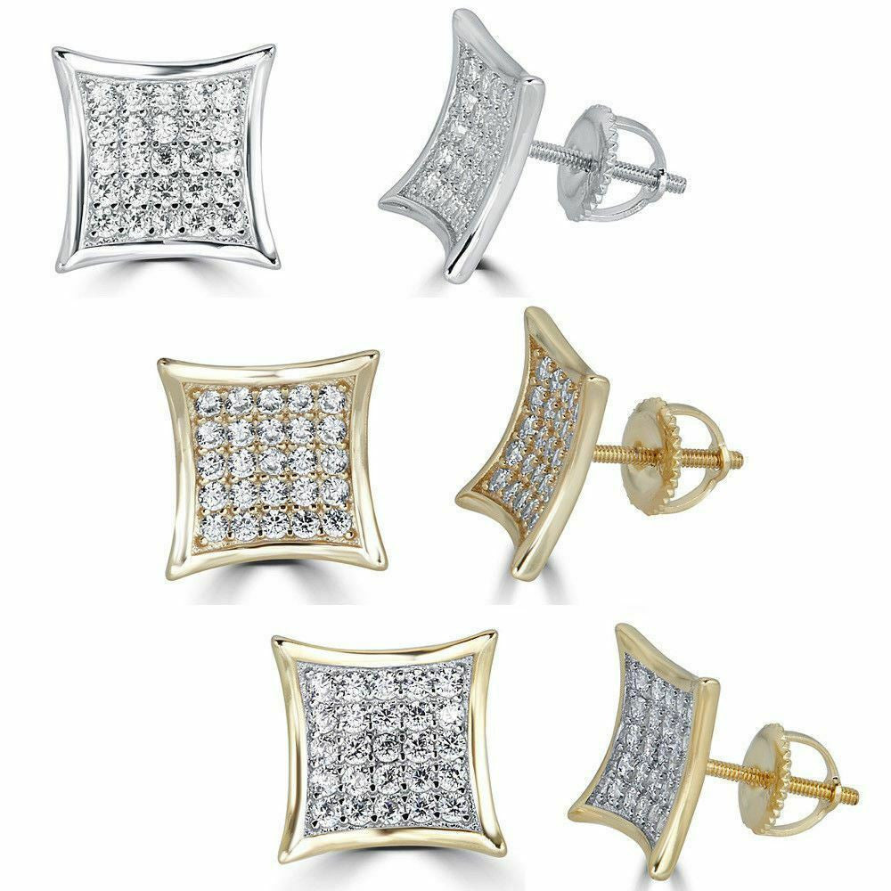 HarlemBling Mens 14k Gold Plated REAL 925 Silver 1/2 Square Diamonds Stud Earrings Hip Hop