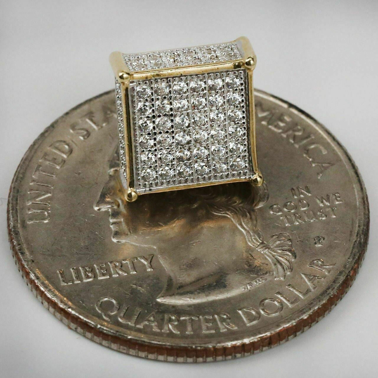 HarlemBling Mens 14k Gold Plated REAL 925 Silver 3/8 Square Cube Diamonds Stud Earrings