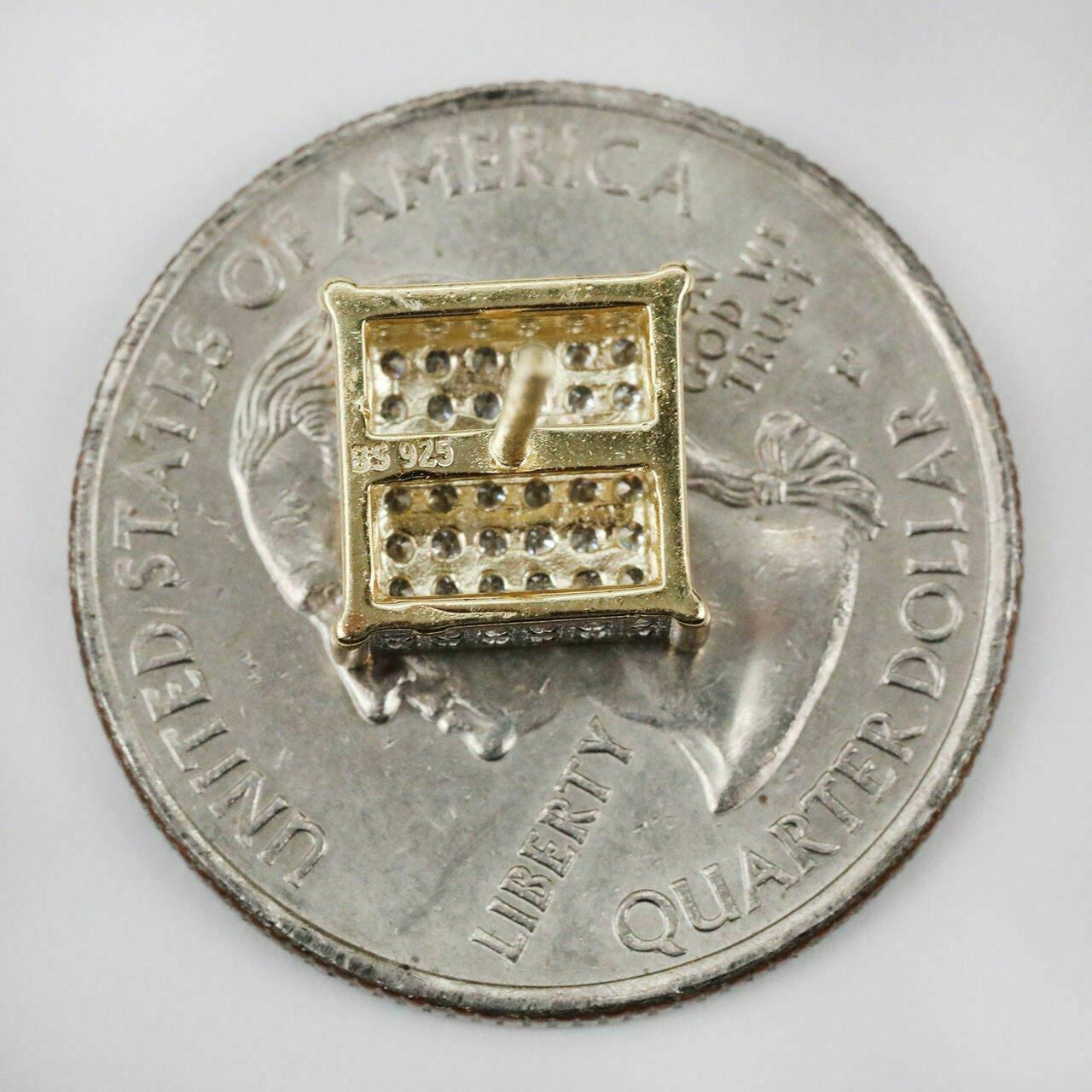 HarlemBling Mens 14k Gold Plated REAL 925 Silver 3/8 Square Diamonds Stud Earrings Hip Hop