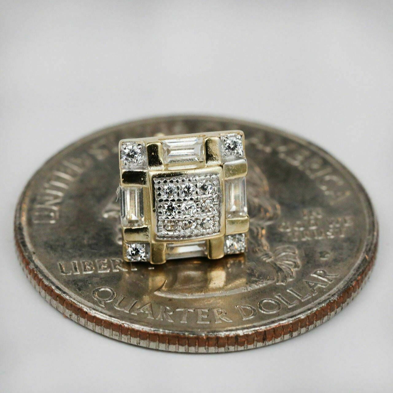 HarlemBling Mens 14k Gold Plated REAL 925 Silver 8mm Stud Square Earrings Baguette Diamond