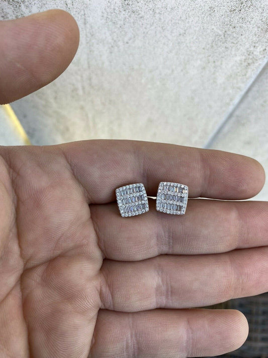 HarlemBling Mens 14k Gold Plated Solid 925 Sterling Silver Iced Baguette CZ Earrings Studs