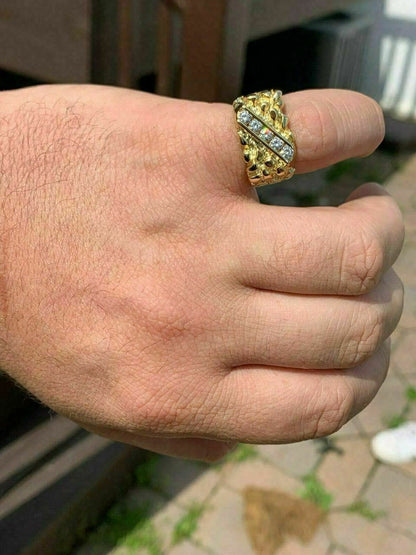 HarlemBling Mens 14k Gold Vermeil 925 Sterling Silver Real Moissanite Nugget Ring Sz 7-13