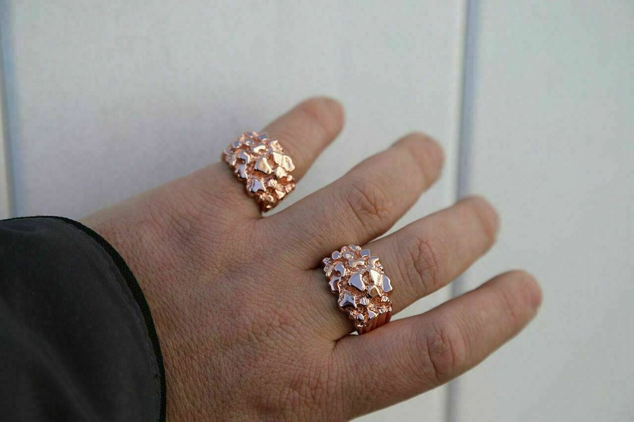 HarlemBling Mens 14k Rose Gold Over REAL Solid 925 Sterling Silver Nugget Ring Sizes 6-13