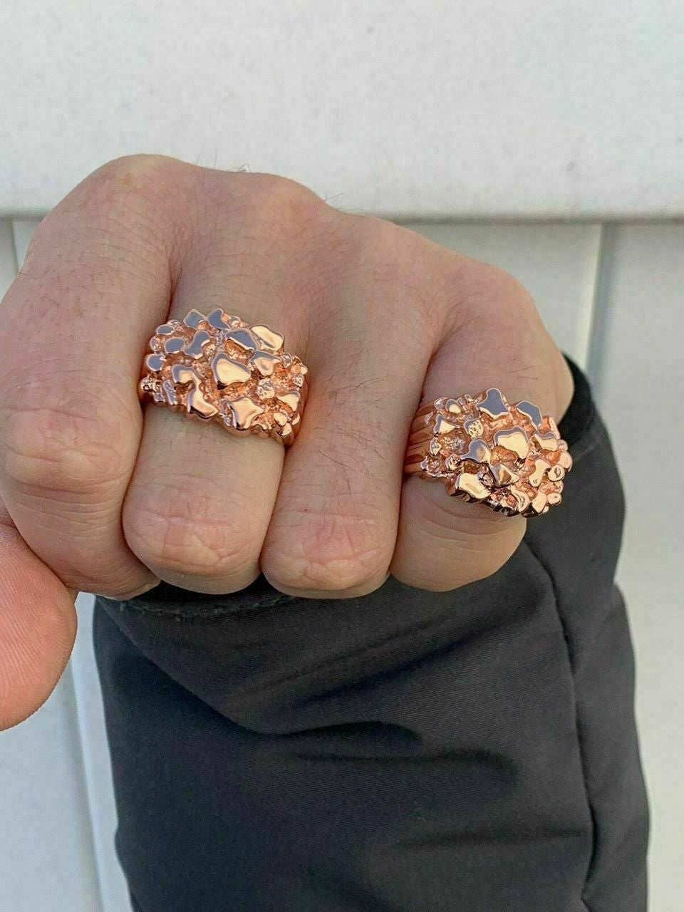 HarlemBling Mens 14k Rose Gold Over REAL Solid 925 Sterling Silver Nugget Ring Sizes 6-13