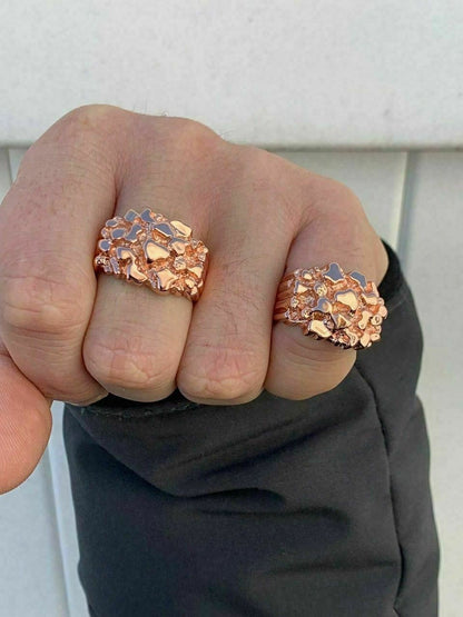 HarlemBling Mens 14k Rose Gold Over REAL Solid 925 Sterling Silver Nugget Ring Sizes 6-13