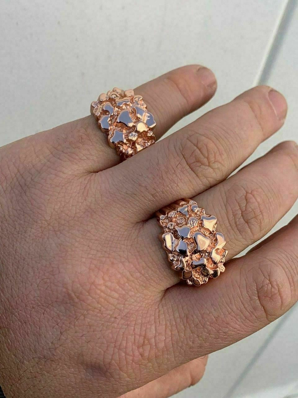 HarlemBling Mens 14k Rose Gold Over REAL Solid 925 Sterling Silver Nugget Ring Sizes 6-13