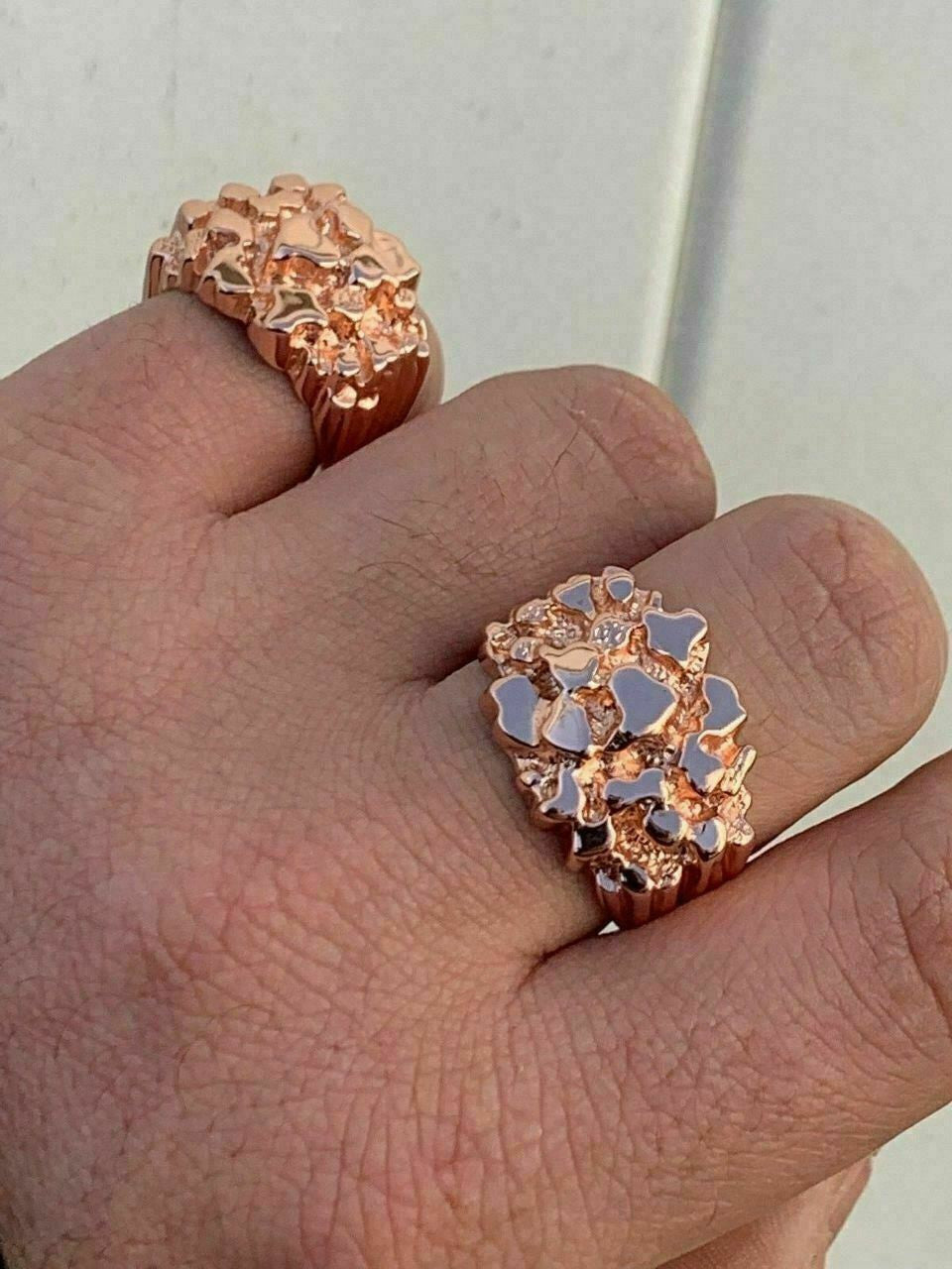 HarlemBling Mens 14k Rose Gold Over REAL Solid 925 Sterling Silver Nugget Ring Sizes 6-13