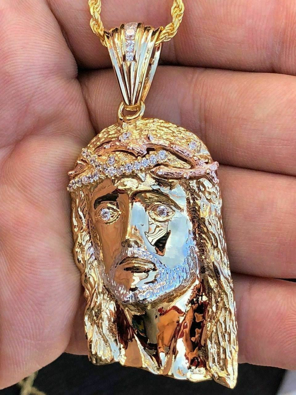 HarlemBling Mens 14k Yellow and Rose Gold Over 925 Silver Large 1x2 Jesus Piece HIP HOP Chain
