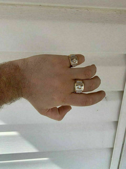 HarlemBling Mens 14k Yellow and White Gold Over Solid 925 Silver Ring ICY Diamond W Cross