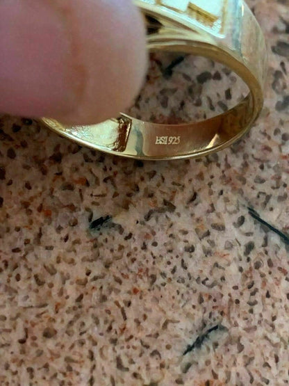 HarlemBling Mens 14k Yellow and White Gold Over Solid 925 Silver Ring ICY Diamond W Cross