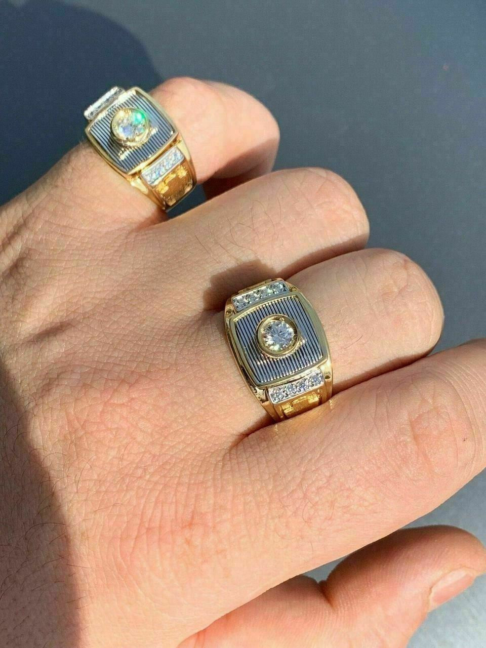 HarlemBling Mens 14k Yellow and White Gold Over Solid 925 Silver Ring ICY Diamond W Cross