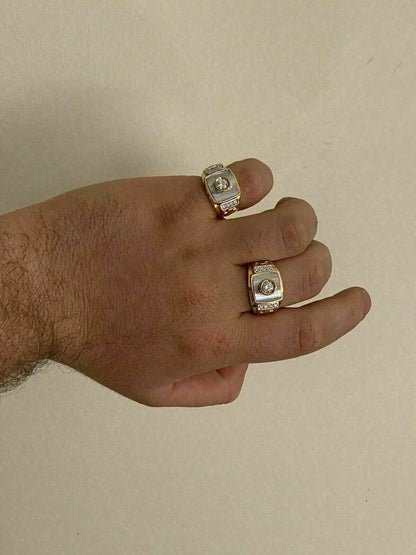 HarlemBling Mens 14k Yellow and White Gold Over Solid 925 Silver Ring ICY Diamond W Cross