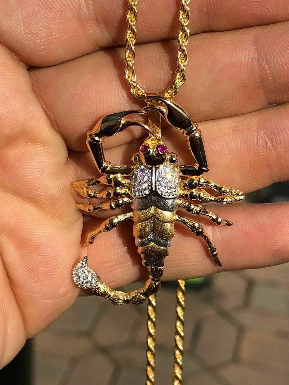 HarlemBling Mens 14k Yellow Gold Over 925 Silver Large 1.5x2 Scorpion Pendant SCORPIO ICY