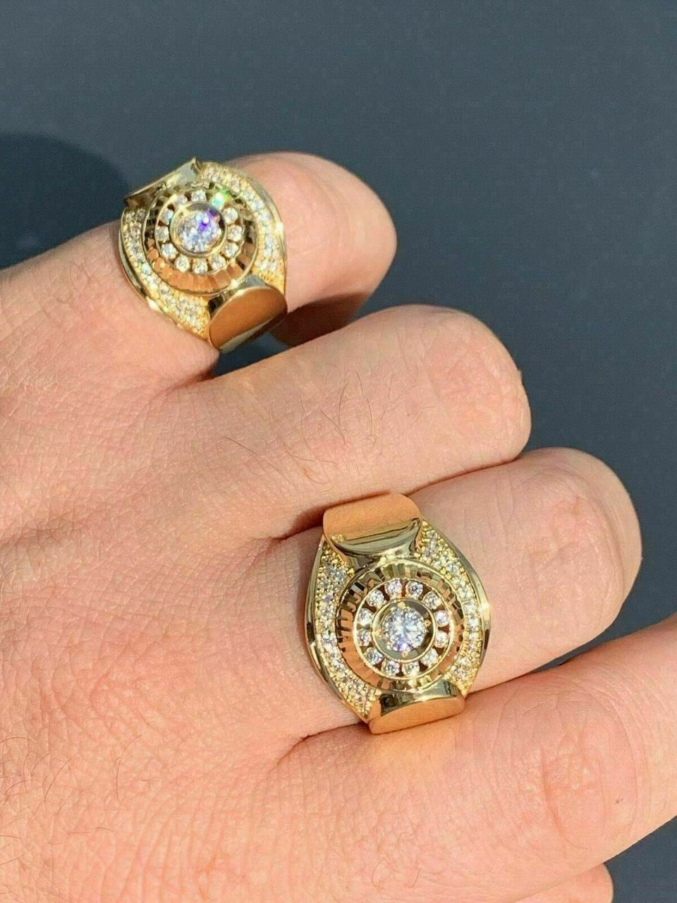 HarlemBling Mens 14k Yellow Gold Over Solid 925 Silver Ring ICY Round Cluster Hip Hop Pinky