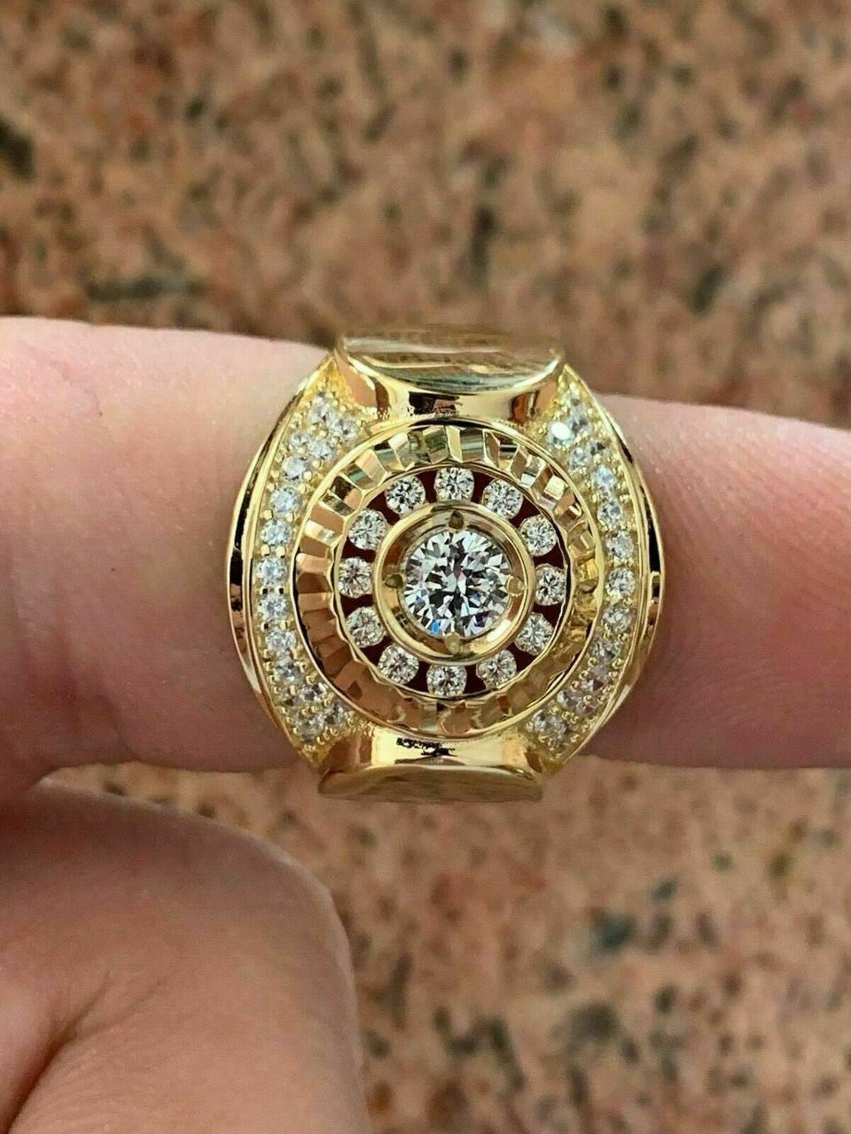 HarlemBling Mens 14k Yellow Gold Over Solid 925 Silver Ring ICY Round Cluster Hip Hop Pinky