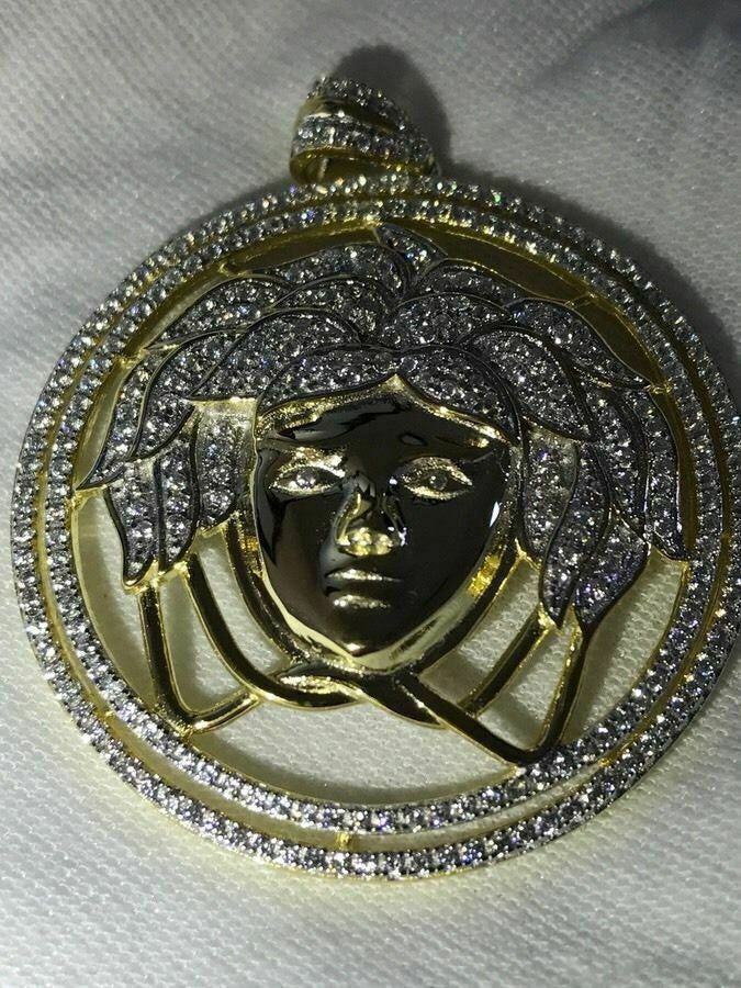 HarlemBling Mens 14k Yellow Gold Over Solid 925 Sterling Silver Icy Medusa Diamond Pendant