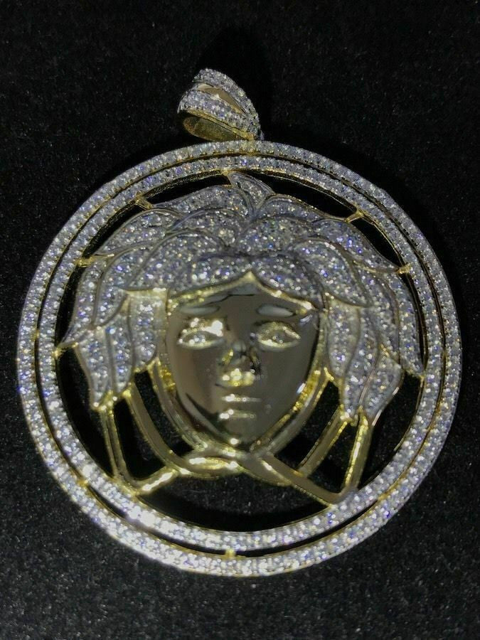 HarlemBling Mens 14k Yellow Gold Over Solid 925 Sterling Silver Icy Medusa Diamond Pendant