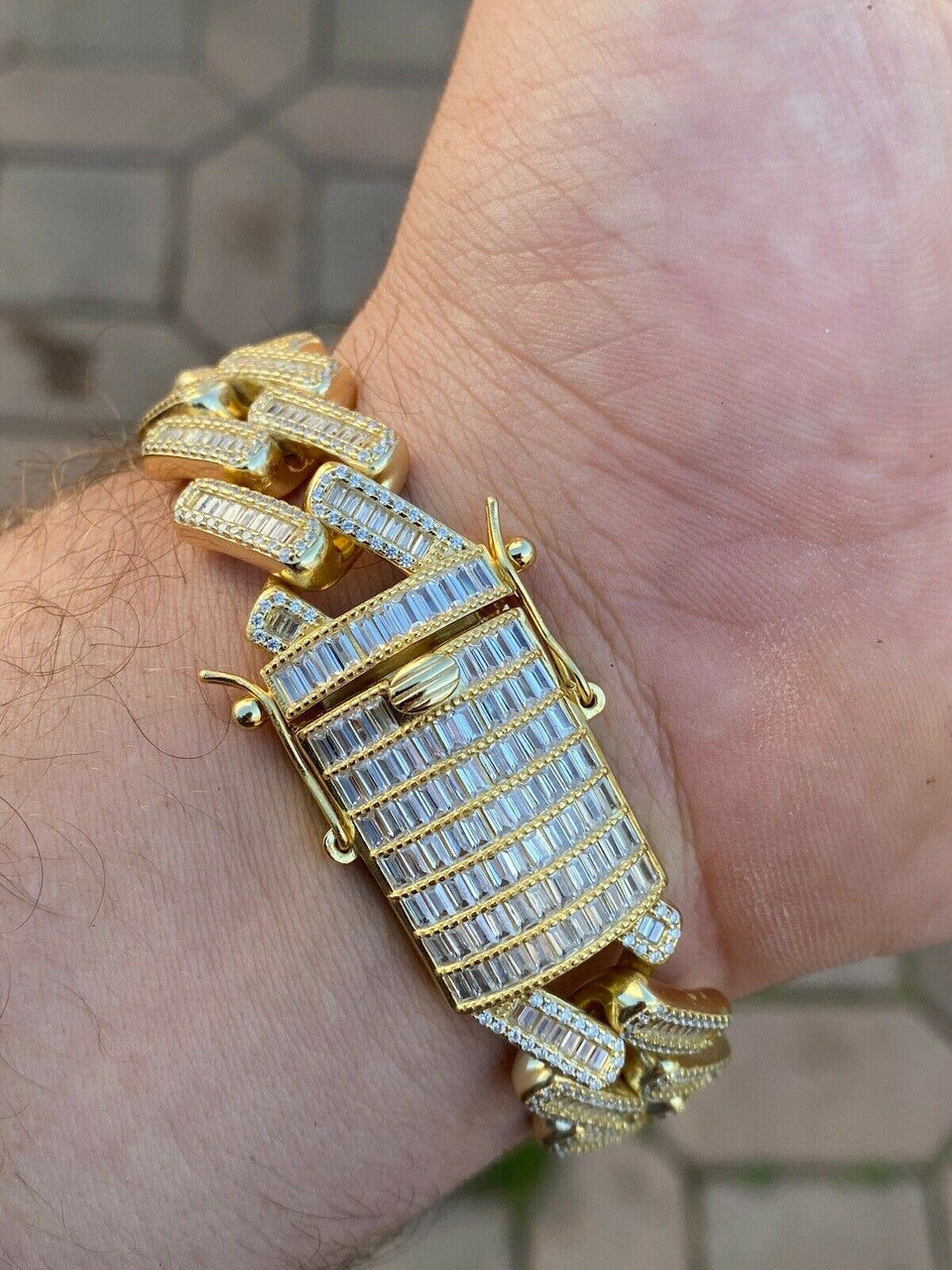 HarlemBling Mens 18mm Baguette Prong Cuban Bracelet Gold Plated Solid 925 Sterling Silver