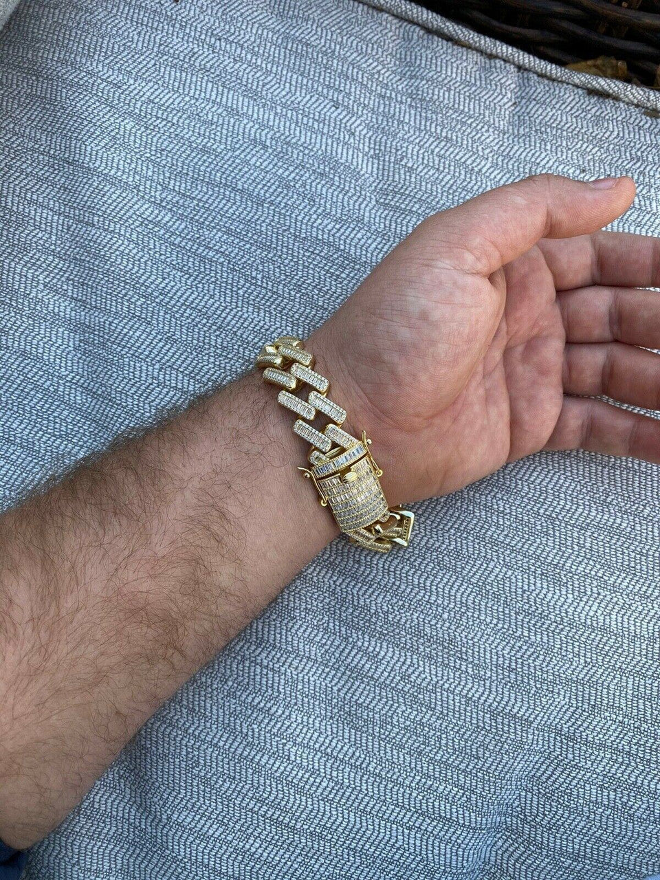 HarlemBling Mens 18mm Baguette Prong Cuban Bracelet Gold Plated Solid 925 Sterling Silver