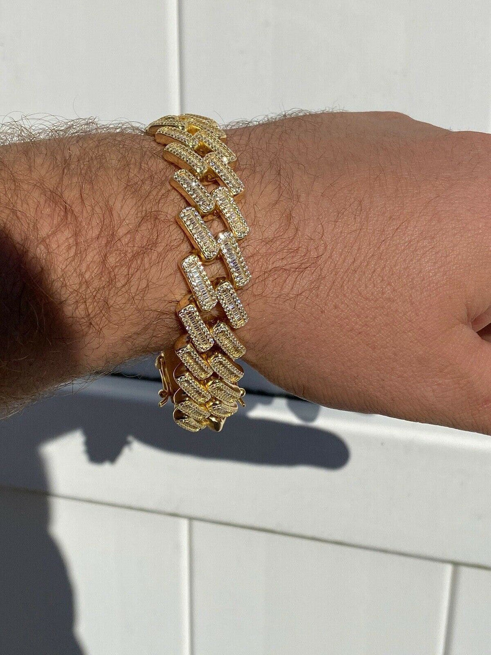 HarlemBling Mens 18mm Baguette Prong Cuban Bracelet Gold Plated Solid 925 Sterling Silver